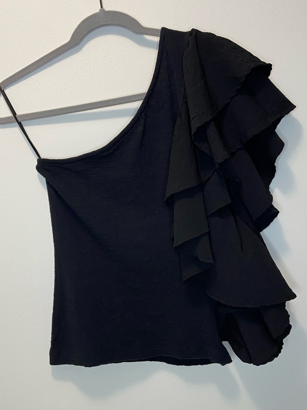 Anthropologie Black One-Shoulder Ruffle Crop Top